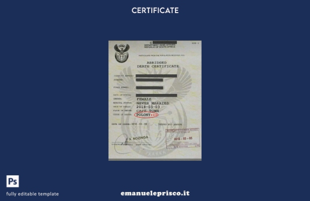 modello di certificato di morte del Dipartimento degli affari interni del Sud Af